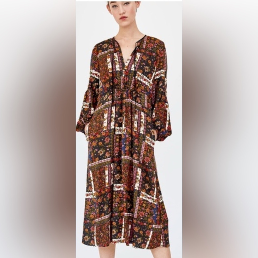 Zara Women's Long Patchwork Floral Dress Multicolor 100% cotton Size XS